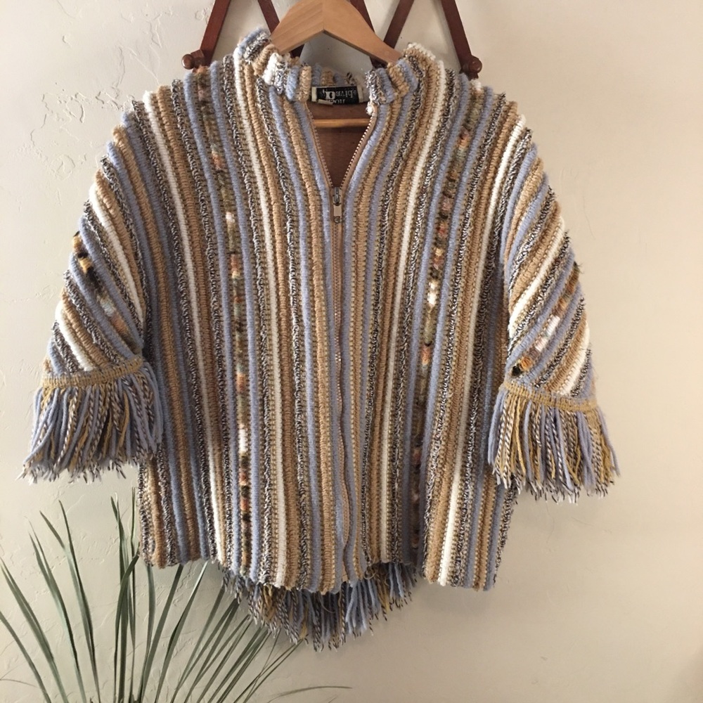 Vintage 70s wool fringe boxy poncho zip cardigan